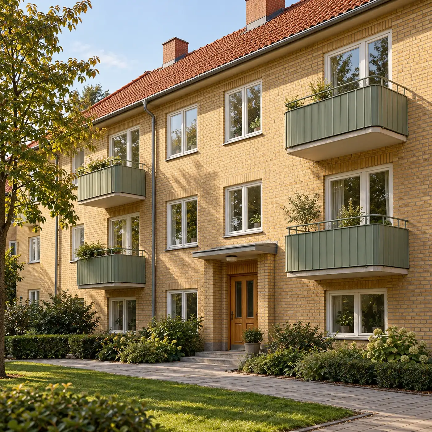 AI-genererad miljöbild av ett klassiskt svenskt flerbostadshus med gult tegel, gröna balkonger och en välskött gård.